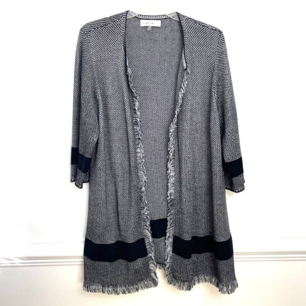 Jones Studio Cardigan Sz 1X Black & White Knit Open Front‎ Fringe Hem